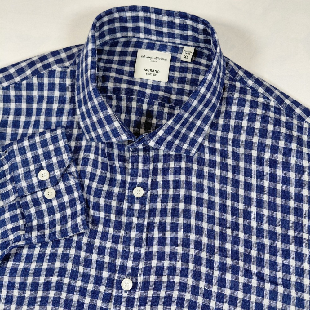 Murano Baird McNutt Linen Shirt Mens XL Blue White Gingham Slim Fit Long Sleeve